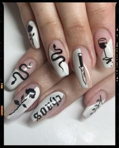 Black and White Nails Black And White Split Nails, Punk Rock Nail Art, Tattoo Art Nails, Coffin Grunge Nails, Scream Nails Acrylic Short, Tattoo Style Nails, Mgk Nails Inspired, Dark Nail Aesthetic, Nails Different Designs Each Finger