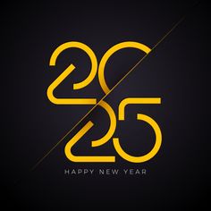 happy new year's card with the number 25 and twenty five in gold on a black background