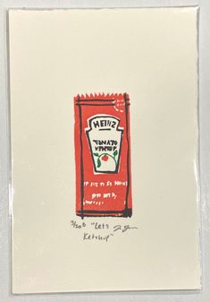 a drawing of a bag of ketchup on a white surface with writing underneath it