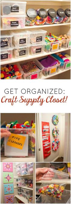 the organized craft supply closet is filled with lots of craft supplies and storage bins