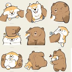 some very cute animals with different expressions on their faces and body, all in various poses