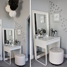 two pictures of a white vanity and stool in a room with polka dot wallpaper