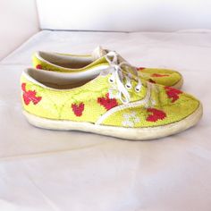 Rare! Vtg 1970's Vans Van Doren Blue/Red Strawberry Needlepoint Sneakers Us 8.5. Overall Good Condition, Bottoms Are A Bit Worn And Insides Are As Well. Please See All Photos For Condition. They Are Not Marked With A Size But I Believe They Are An 8, I Have Another Pair Like Them And They Are Marked An 8. I Compared The 2 And They Measure The Same Length. Bottom Of Sole Measures 10.5 Inches. Made In The Usa Van Doren, Red Strawberry, Womens Vans, Red Yellow, Needlepoint, Athletic Shoes, 1970s, Overalls, Van