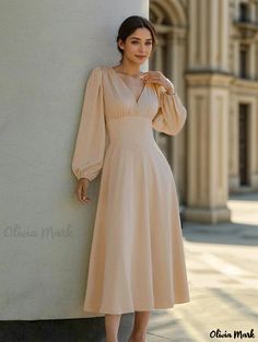 Olivia Mark - Elegant Satin Lantern Sleeve Dress with Waistband - Perfect for Formal Occasions Empire Waist Evening Dress, Wedding Evening Gown, A Line Cocktail Dress, Elegant Attire, Evening Party Gowns, Evening Gown Dresses, Lantern Sleeve Dress, Cocktail Evening Dresses, Linen Maxi Dress