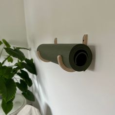 a green yoga mat hanging on the wall next to a potted plant in a white room