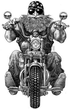 a drawing of a man riding on the back of a motorcycle with a beard and moustache