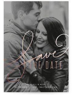 the save the date photo card is shown in black and white with copper foil lettering