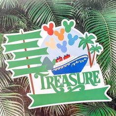 there is a sticker with a boat and palm trees