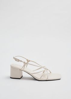 Strappy Knotted Leather Sandals - Cream - & Other Stories WW White Sandals Wedding, Boho Wedding Shoes, White Strappy Heels, Low Block Heel Sandal, White Strappy Sandals, Cream Sandals, Tie Up Heels, White Sandals Heels, Heels Outfits