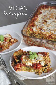 a white plate topped with lasagna next to a casserole covered in cheese