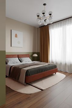 a bedroom with a large bed and wooden flooring next to a window covered in curtains