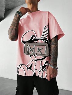 Men's Cartoon Printed Short Sleeve T-shirt Baby Pink Casual  Half Sleeve Fabric Cartoon  Slight Stretch  Men Clothing, size features are:Bust: ,Length: ,Sleeve Length: Streetwear Prints, Trendy Tshirt Designs, Street Hip Hop Style, Streetwear Tshirt Design, Rabbit Print, Jeans Casual, Cartoon T Shirts, Streetwear Tshirt, Print Tee