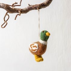 an ornament hanging from a tree branch with a green and white duck on it