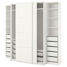 an open white closet with drawers and shelves on the sides, including one door opened