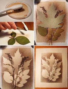 four different pictures of leaves being used to make art