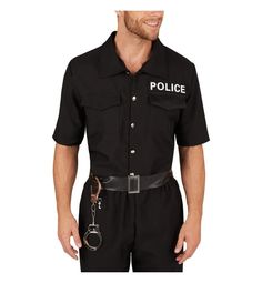 a man wearing a black police uniform with handcuffs on his chest and belt around his waist