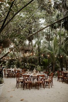 tables and chairs are set up in the middle of a forest with lights strung from them