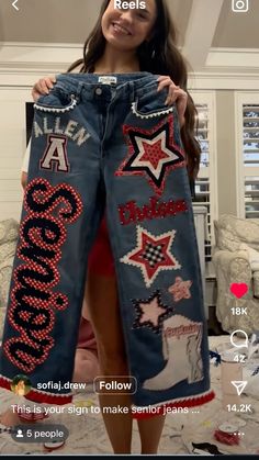 Senior Jeans Red White And Blue, School Spirit Jeans, Painted Jeans School Spirit, Senior Year Jeans, Spirit Jeans Ideas, Senior Jeans Ideas, Senior Jeans Ideas High Schools, Senior Jeans Painted