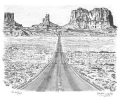 a drawing of a long road in the desert with mountains and rocks on either side