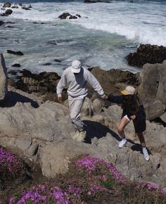 a man and woman are walking on rocks near the ocean with purple flowers in front of them