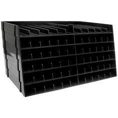 black plastic bins stacked on top of each other