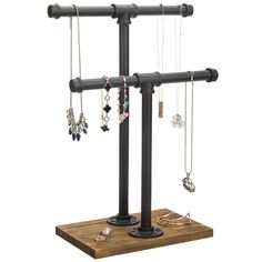 PRICES MAY VARY. 2 tier jewelry display stand with metal pipe t-bars and brown wood base **Some assembly required** Top bar can hold most opera-length necklaces (30 inches) or shorter, bottom bar great for hanging bracelets and watches **Jewelry not included** Occupies minimal space on a dresser, table or counter top Rugged metal pipes and wood base provide striking contrast for lustrous jewelry SPECS: Overall - 12.0 W x 6.75 D x 17.25 H; Base - 9.75 W x 6.75 D x 0.75 H; Small Tier - 9.75 H; Lar Rustic Jewelry Display, Jewelry Organizer Stand, Dresser Table, Countertop Surfaces, Black Industrial, Jewelry Rack, Bar Jewelry, Urban Rustic, Black Pipe