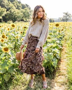 Brina Paisley Ruffle Skirt - Mocha - Eleven Oaks Boutique Sunflower Field, Ruffles Fashion, Felt Hat, Ruffle Skirt, Paisley Print, Model Measurements, The Middle, Cable Knit, Knit Sweater