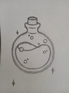 a drawing of a bottle with bubbles and stars on the bottom is shown in black ink