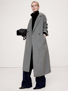 Designed to be layered, this wrap coat is crafted from our signature double-faced wool blend—a fabric we love for its soft structure and midweight warmth.  Here, we opted for a relaxed silhouette with side vents at the hem, inviting you to play with proportions.  Relaxed fit.  Warmer: Unlined.  Notch lapel with button front.  Removable belt.  Front pockets.  Side vents.  Unlined.  Relaxed fit with A-line skirt.  Long sleeves.  Midi length.  Model: Size S, 5'10" (178cm). Adidas Samba Outfit, Wrap Coat, Grey Coat, Fall Coat, Selling Clothes, Business Casual Outfits, Wool Coat, Amazing Women, Banana Republic