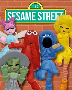 the sesame street characters are standing in front of a brick wall and there is a sesame street sign above them