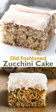 old fashioned zucchini cake with white frosting on top and the same slice cut in half