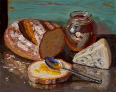 an oil painting of bread and butter on a table with a jar of honey next to it