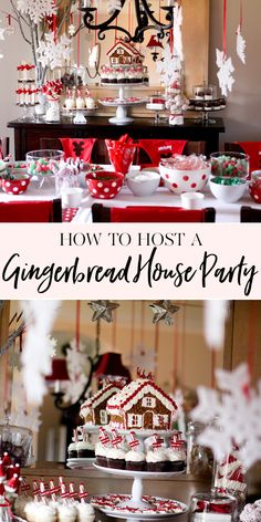 a gingerbread house party with red and white decorations