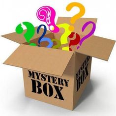 an open box with question marks on it and the words mystery box written in black