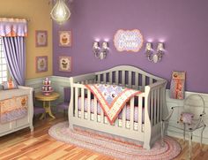 a baby's room with purple walls and furniture