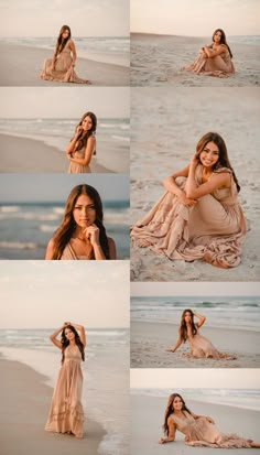 a woman sitting on top of a sandy beach next to the ocean with her hands in her hair