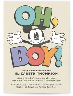 a mickey mouse baby shower is shown with the words oh boy