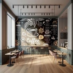 a coffee shop with chalkboard wallpaper and wooden tables in the center, along with chairs