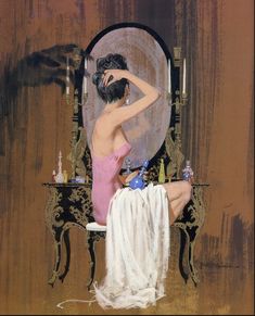 a painting of a woman sitting on a chair in front of a mirror with her back to the camera