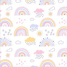 a white background with rainbows, clouds and stars in pastel colors on it