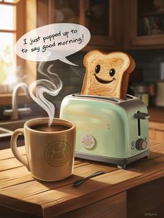 a toaster sitting on top of a wooden counter next to a cup of coffee