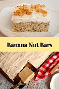 banana nut bars with white frosting on top and in the background, there is a slice missing