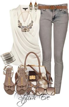 Cute♥ Cream Blouse Outfit, Looks Jeans, Pale Purple, Cream Blouse, Mode Casual, Fashion Weeks, Ear Rings, Grey Jeans