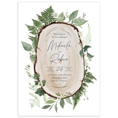 an image of a wedding card with greenery and leaves on the inside of it