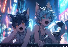 two anime characters are sitting on a ledge in the middle of a city at night