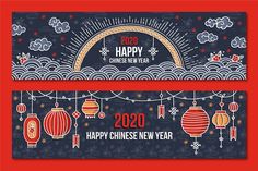 two horizontal banners with chinese new year decorations on red and blue background, one is for the