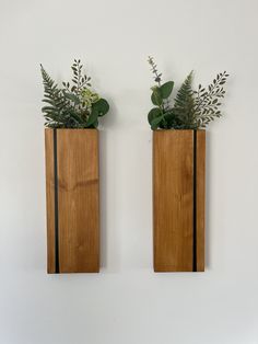 two wooden vases with plants in them on the wall next to eachother