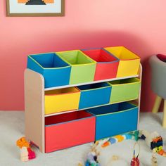 a multicolored toy storage unit in a child's room