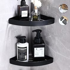 two black shelves holding soap, lotion and hand sanitizers