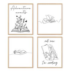 four black and white prints with the words adventure awaits, not now i'm reading